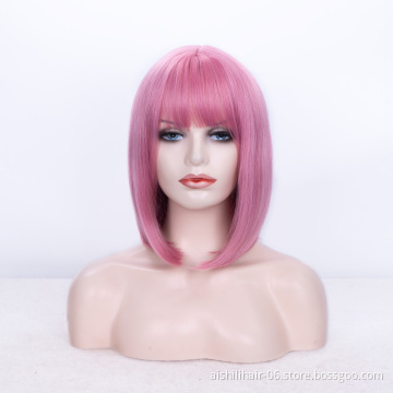 whosale cheap bob natural synthetic hair wigs for women hot sale pink color wig